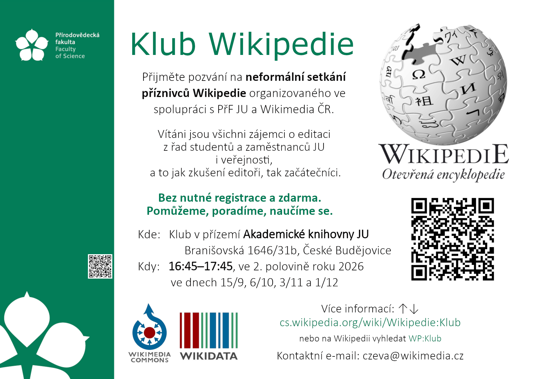 Plakát Klubu Wikipedie v Českých Budějovicích s daty konání